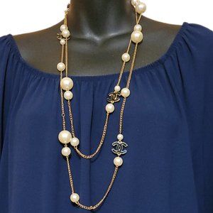 White Faux Pearl Gold tone Chain Link Necklace
